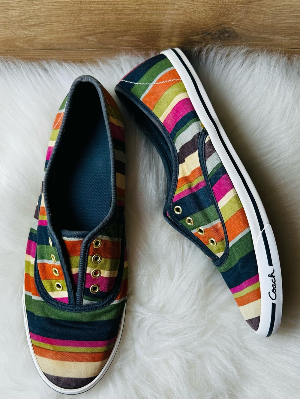 Coach Multicolor Striped Canvas Slip-On Sneakers — Brown Soles